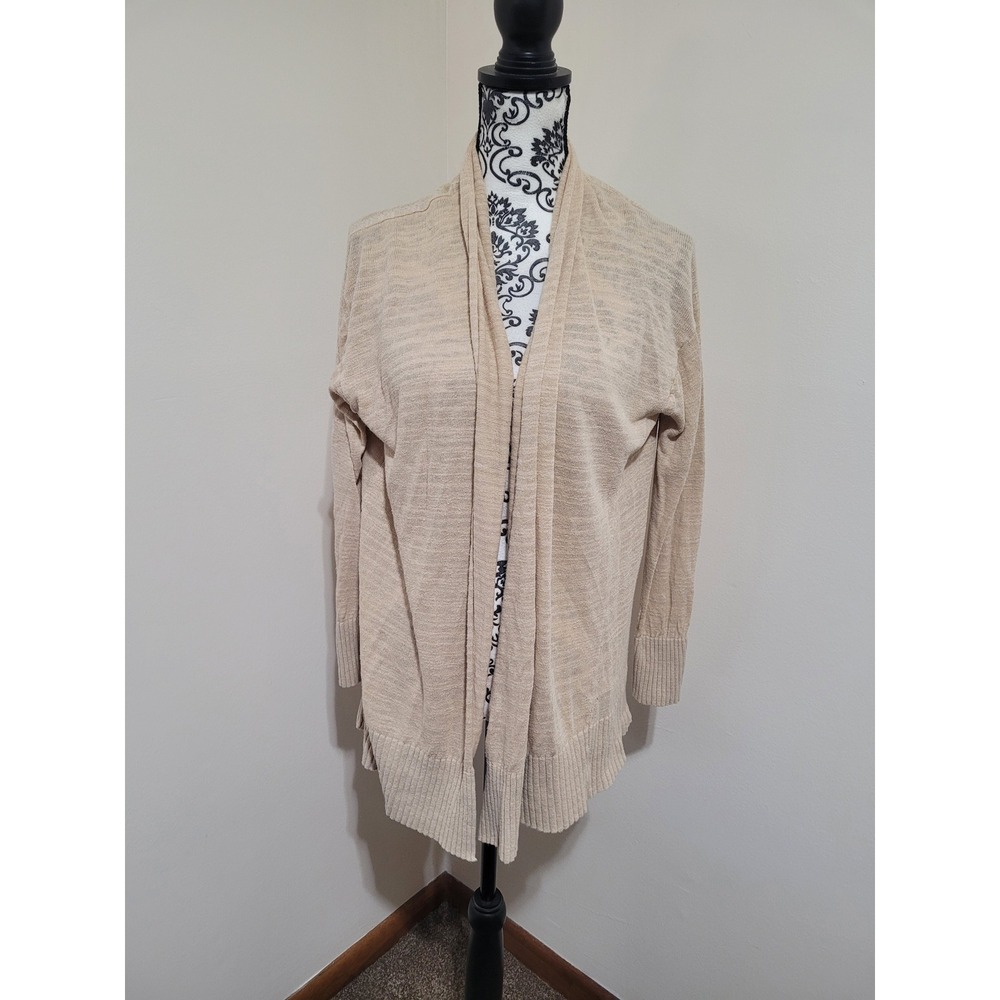 Lou & Grey for LOFT Cardigan Womens S Tan Linen Cotton Open Front Draped Sweater